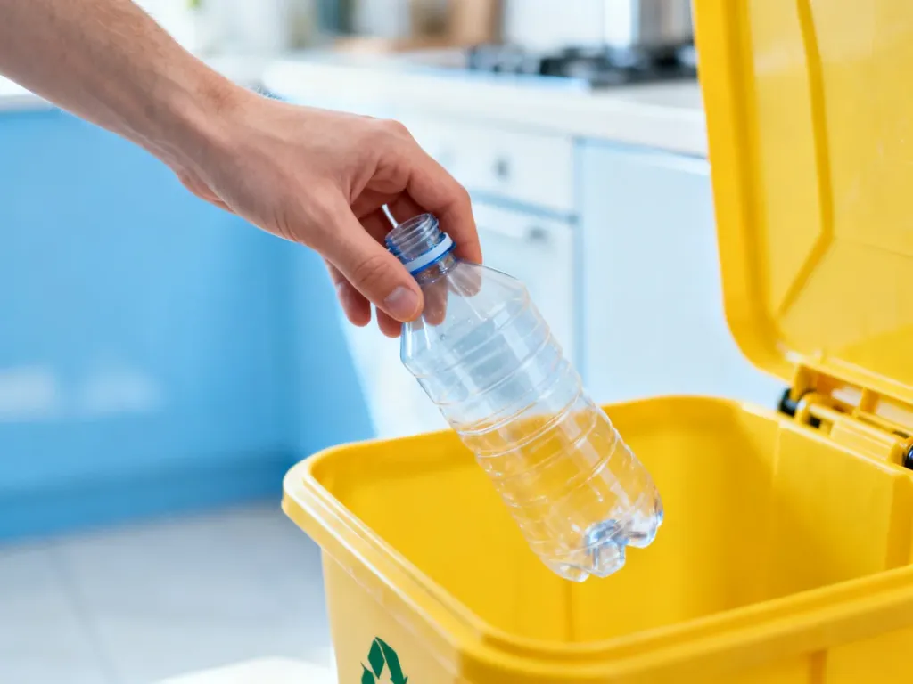 Dłoń wrzucająca pustą plastikową butelkę po środku czystości do żółtego pojemnika na odpady segregowane.