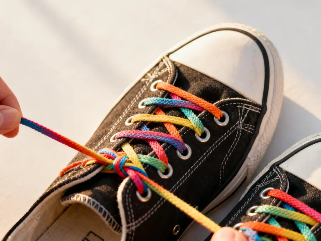Zbliżenie na sportowe buty z kolorowymi sznurówkami przewlekanymi przez oczka metodą na krzyż.