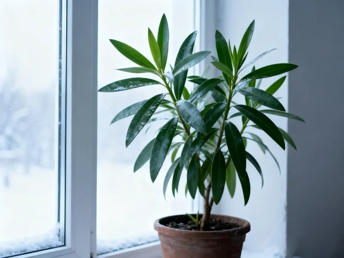 Oleander w donicy stojący przy jasnym oknie w chłodnym pomieszczeniu