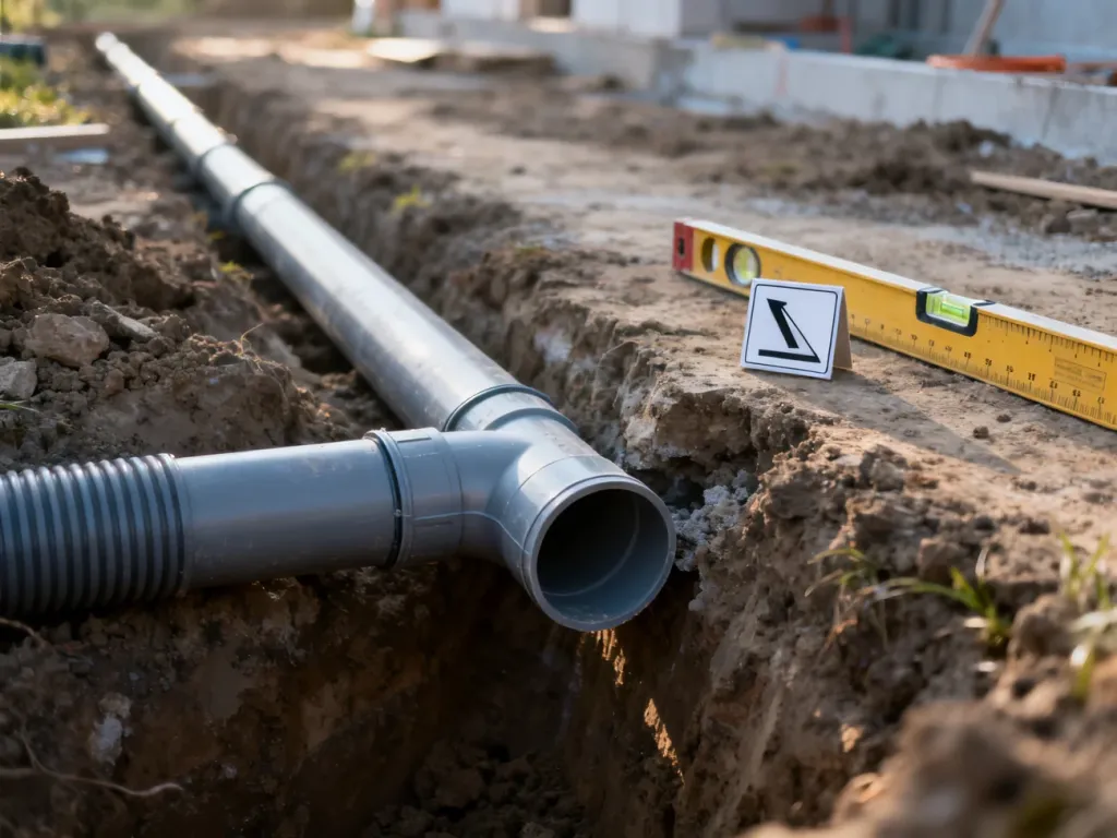 Szarą rurę kanalizacyjną PVC ułożoną w wykopie z poziomicą, obrazującą prawidłowy spadek instalacji.