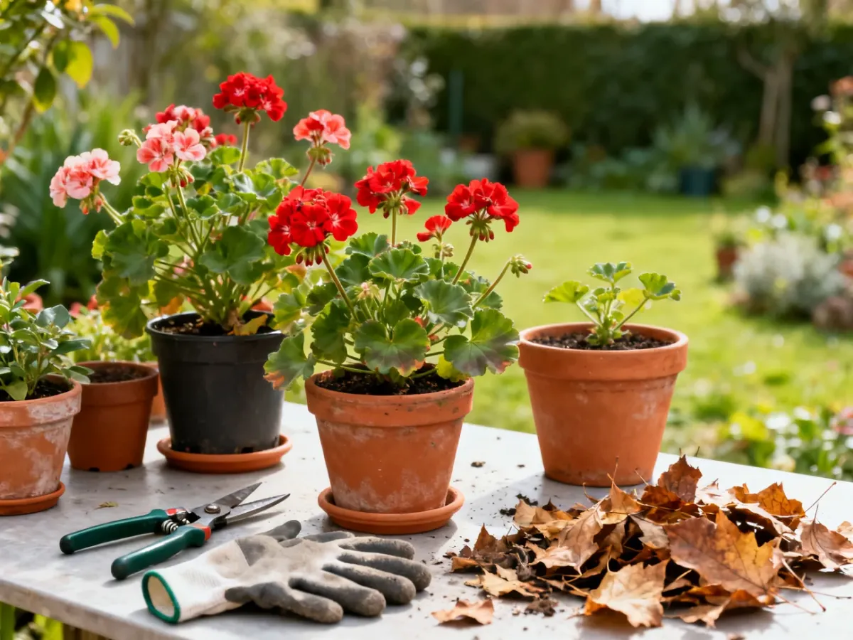 Zdrowe pelargonie przygotowane do zimowania obok sekatora i rękawic