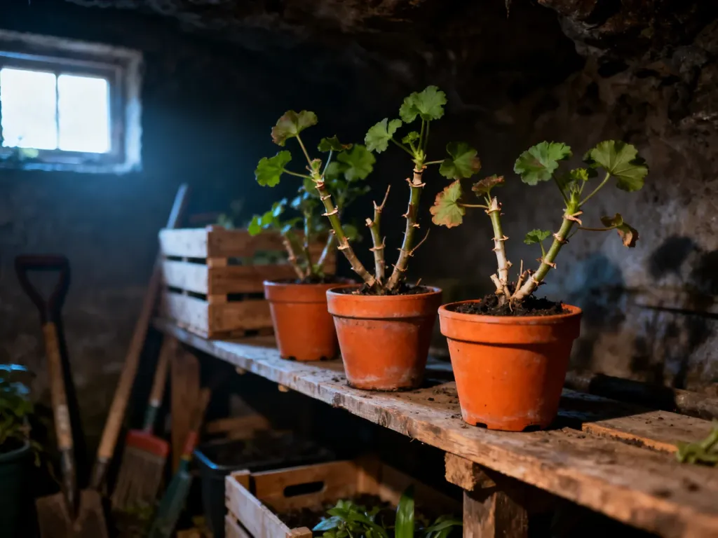 Przycięte pelargonie w doniczkach ustawione na drewnianej półce w chłodnej piwnicy, przygotowane do zimowania.