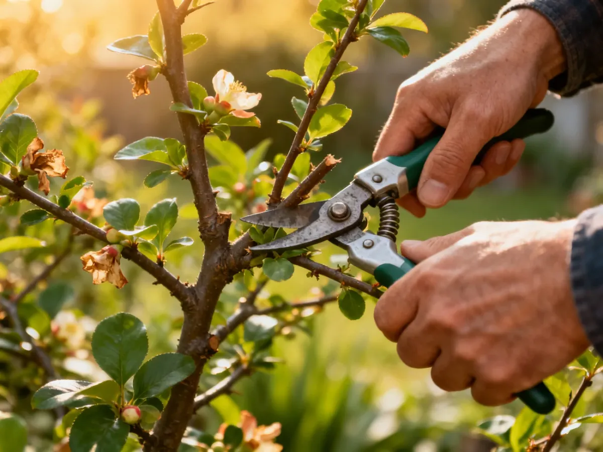 Ogrodnik przycina pigwowiec po kwitnieniu
