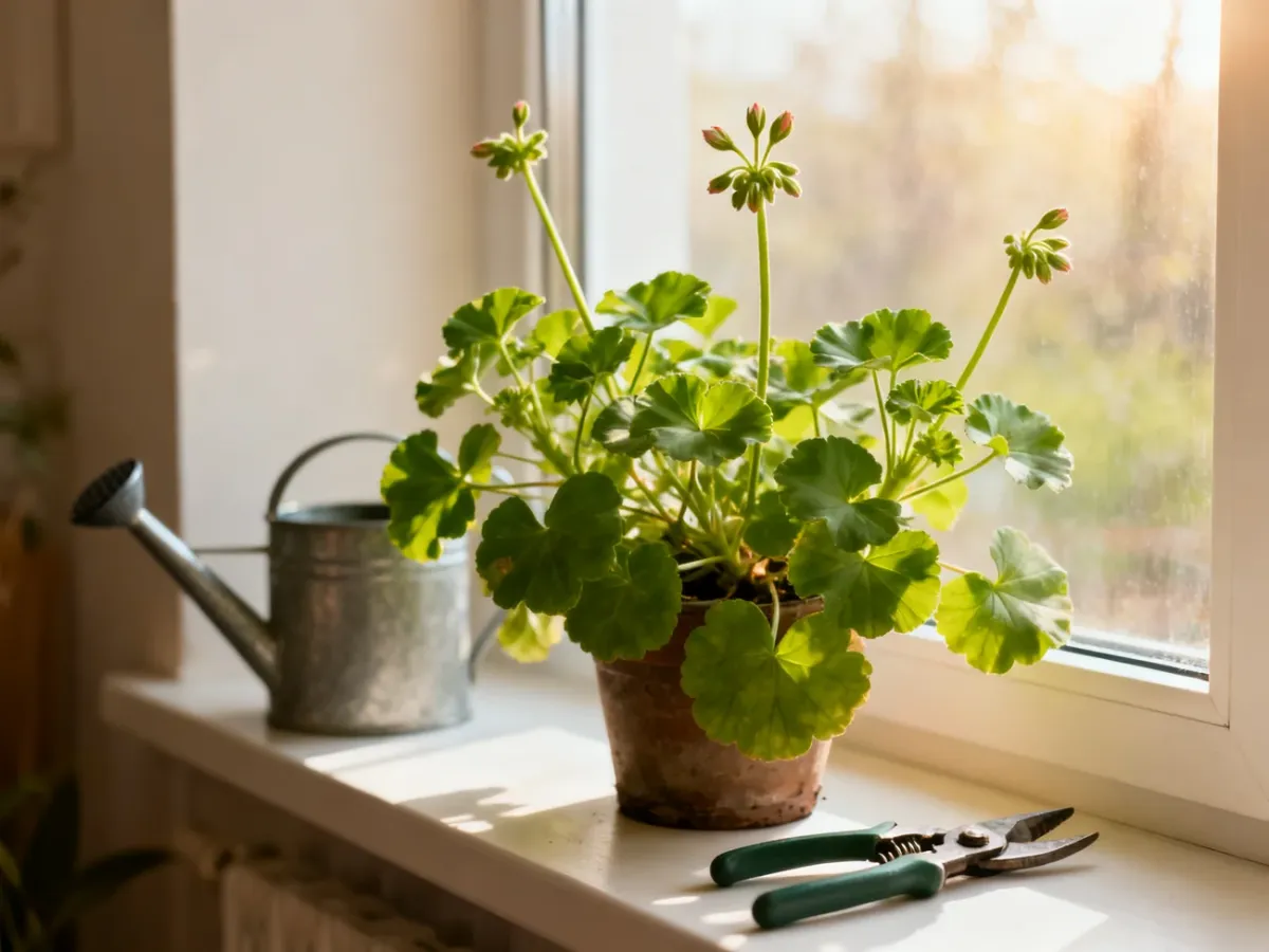 Pelargonie z młodymi pędami wybudzane po zimie na jasnym parapecie